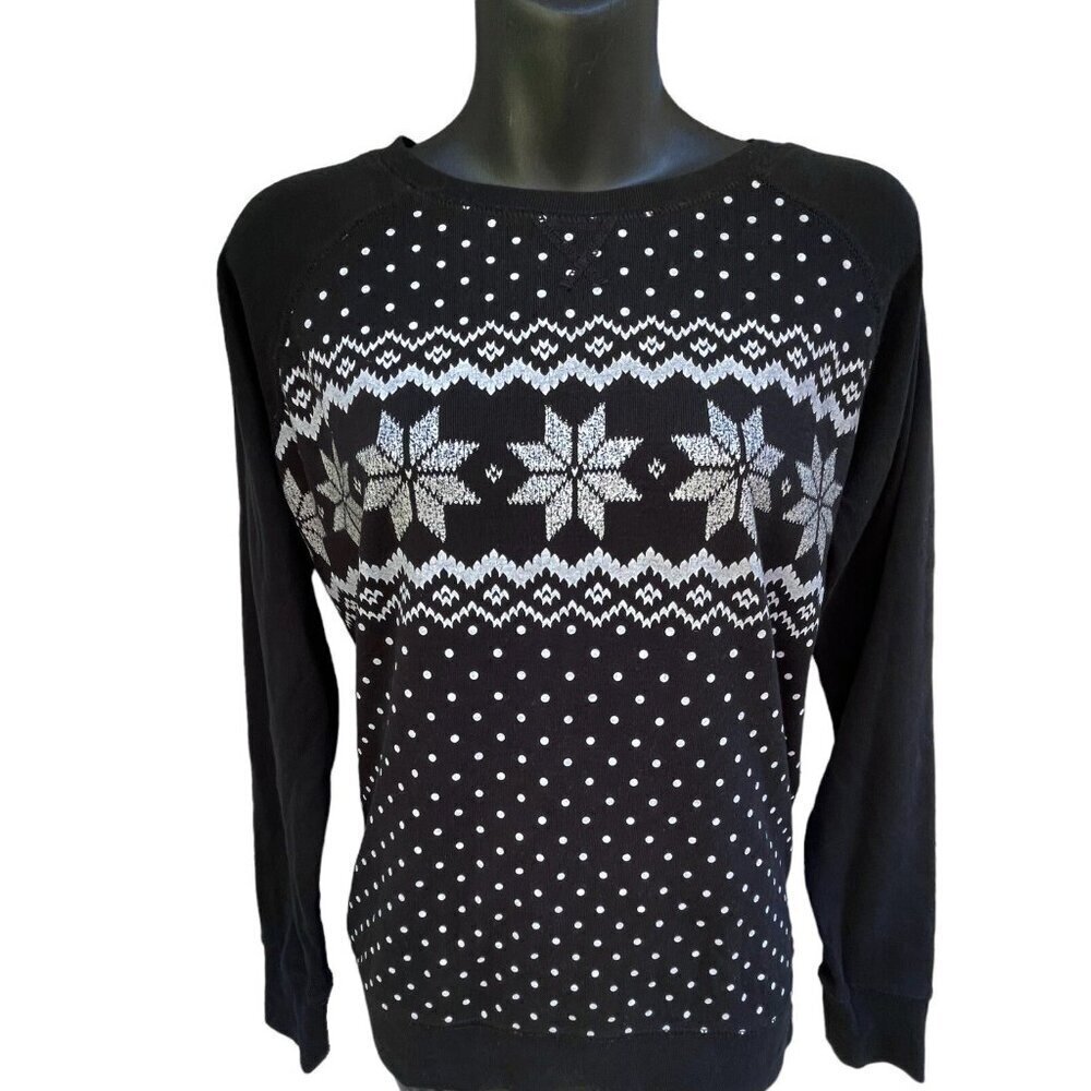 Fair Isle Eddie Bauer Snowflakes Nordic Black Long Sleeve Sweatshirt Women’s M